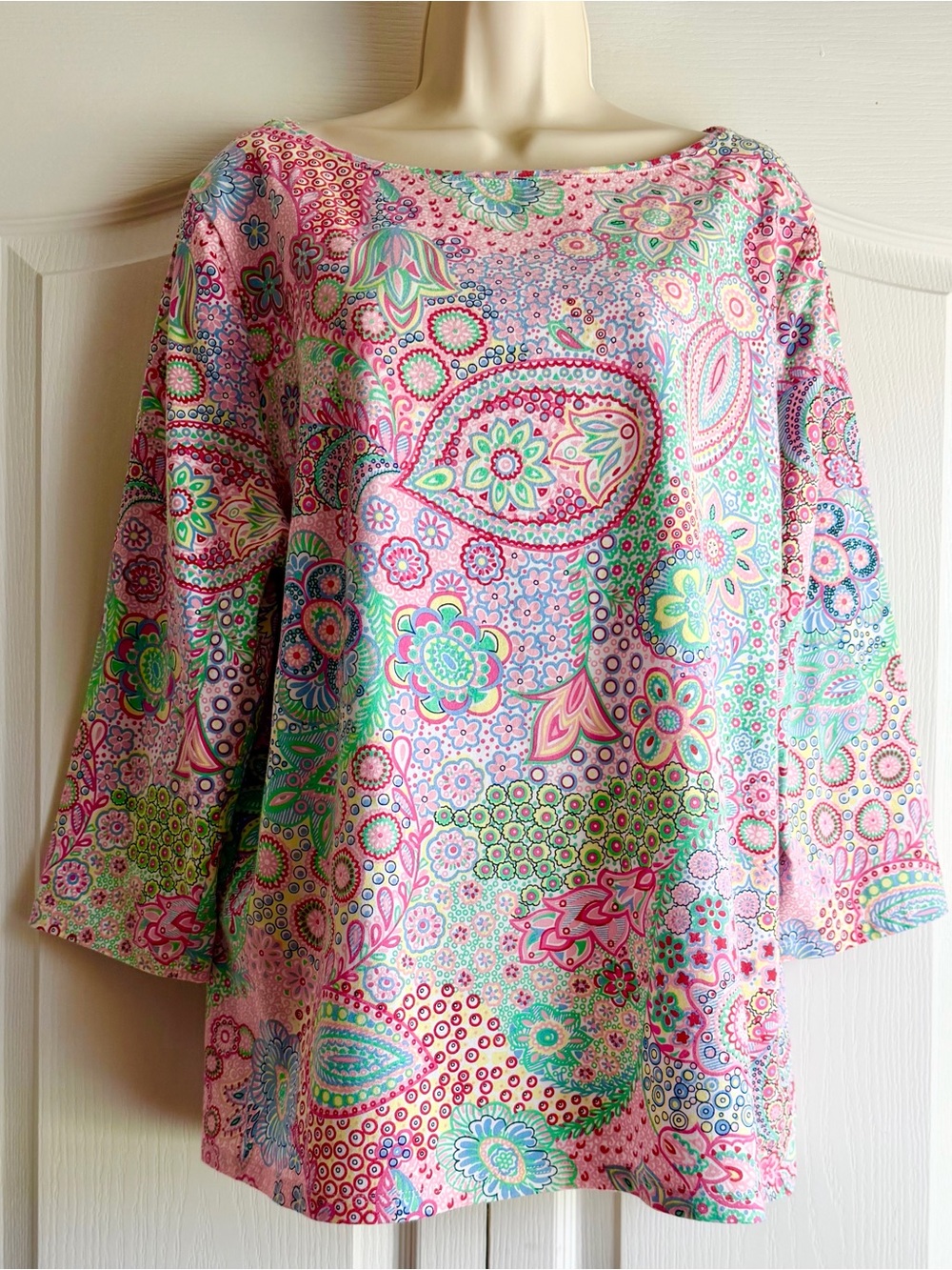 Talbots Bateau Neck Dreamy Paisley 3/4 Sleeve Cotton Tee - Picture 2 of 7